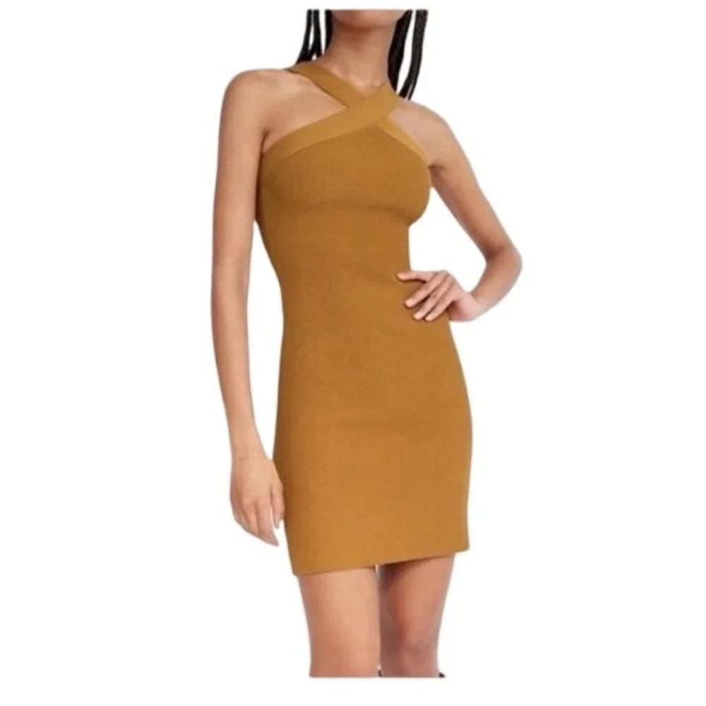 Babaton Sculpt Knit Criss-Cross Dress (Dark Mustard, Size L):